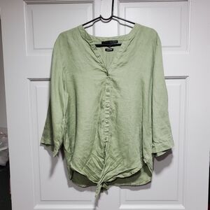 Harve Benard Blouse Women Size Large Gauzy Linen Button Front Roll Sleeve Green